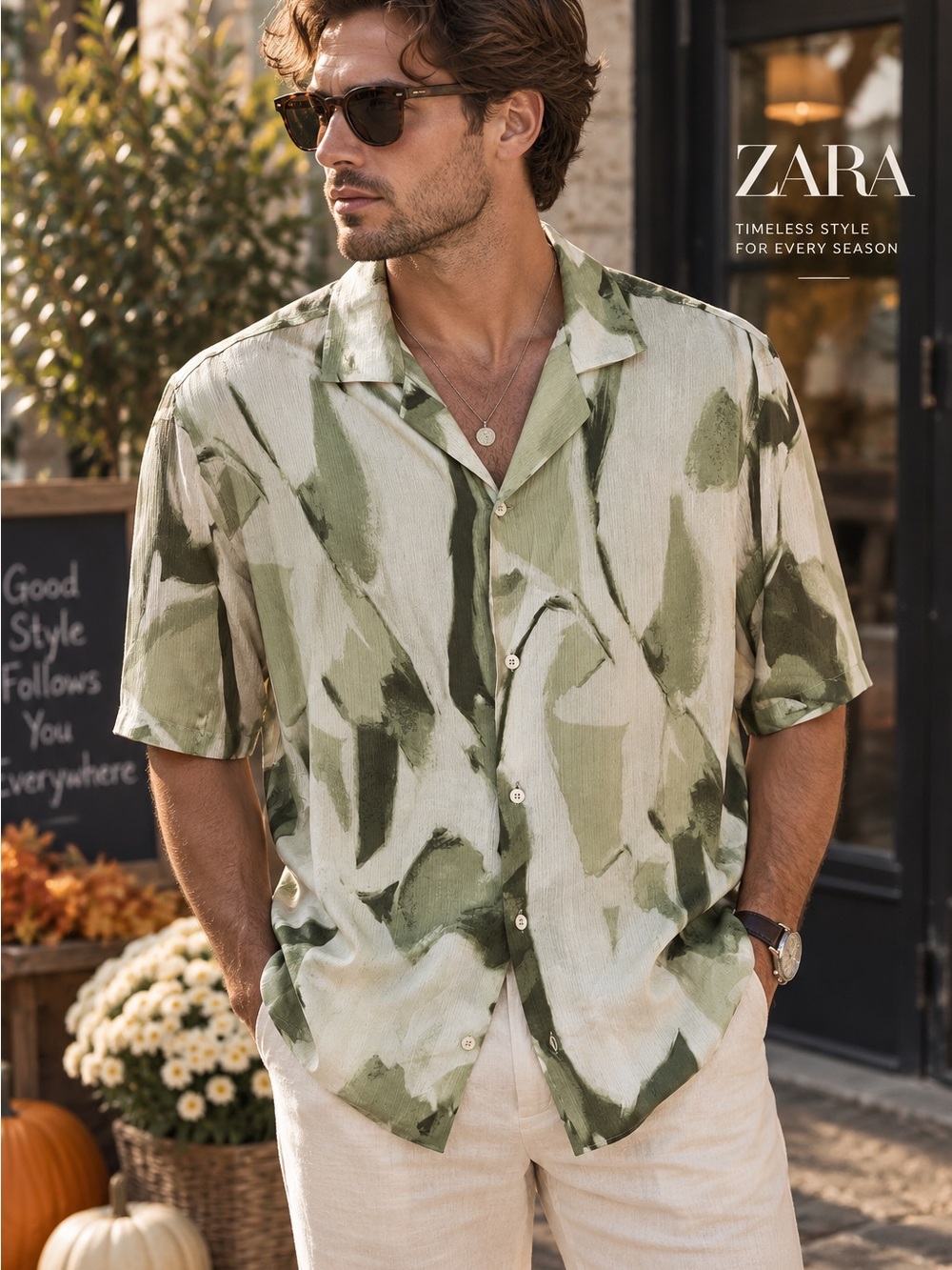 Zara Abstract Green & Cream Button Front Camp Collar Shirt – Men’s M